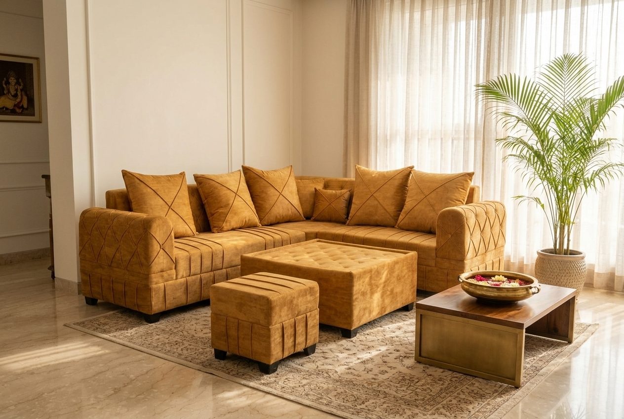 Turmeric sofa set with ottomans in a styled room