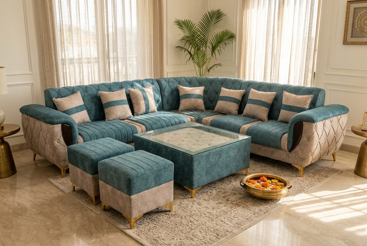 Aqua corner sectional in a styled room
