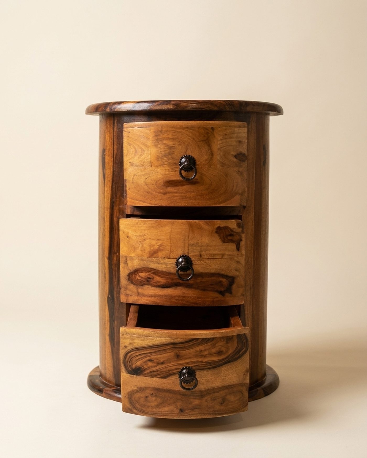 Barrel drum chest of drawers, studio photo