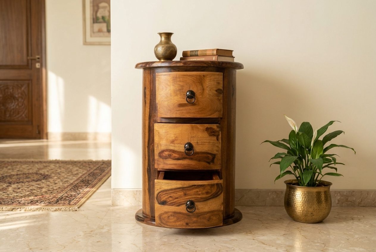 Barrel drum chest of drawers in a styled room