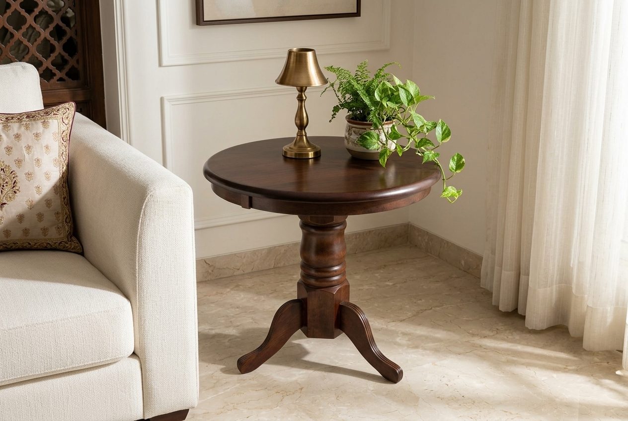 Bistro round pedestal table in a styled room