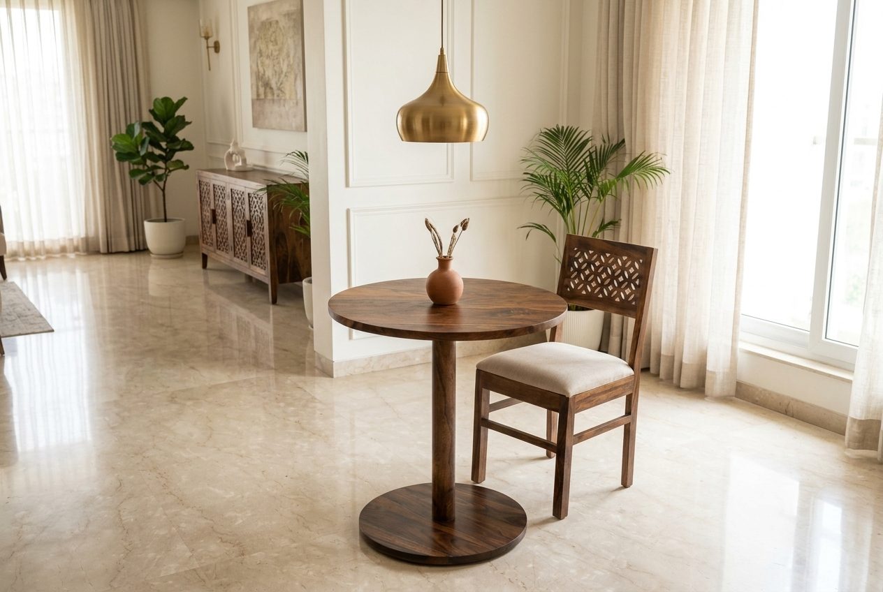 Café bistro table and chair in a styled room