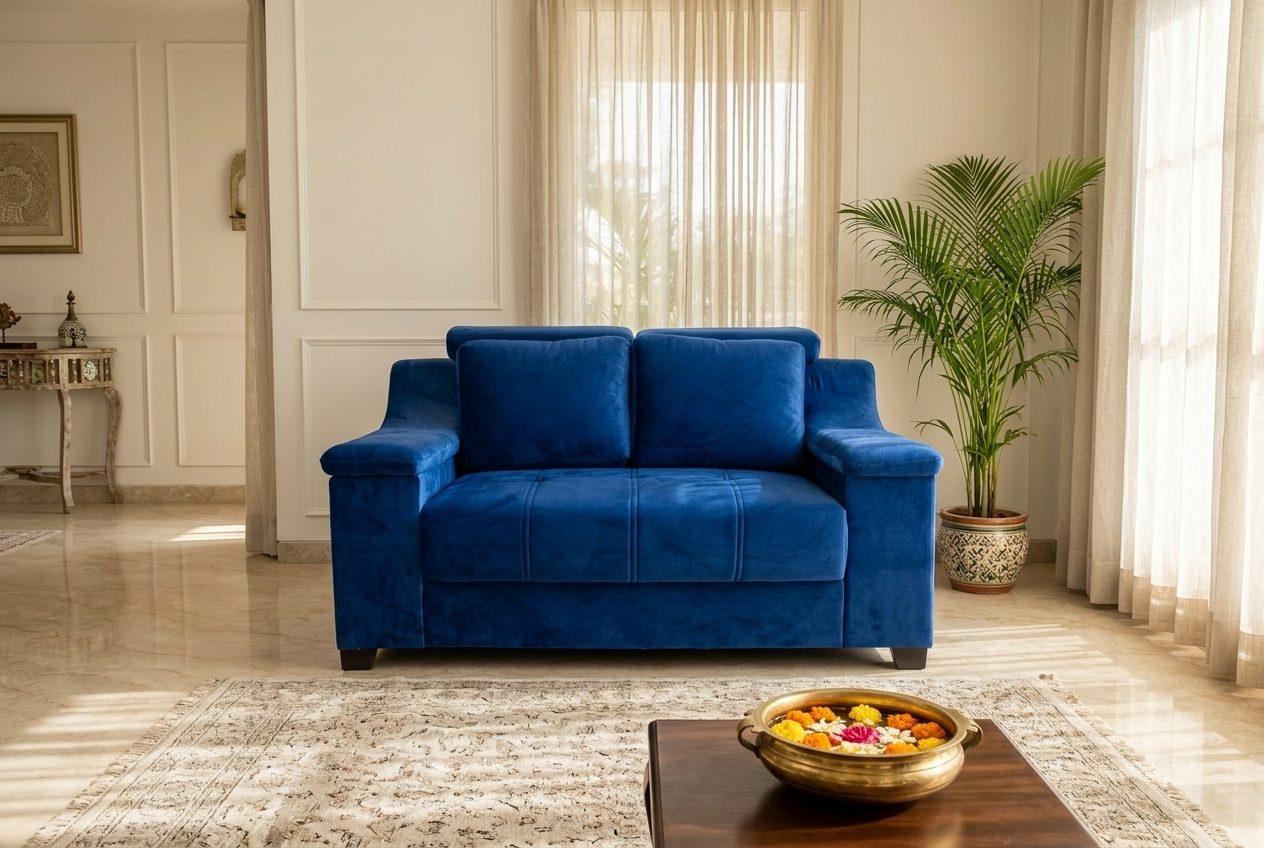Cobalt velvet loveseat in a styled room