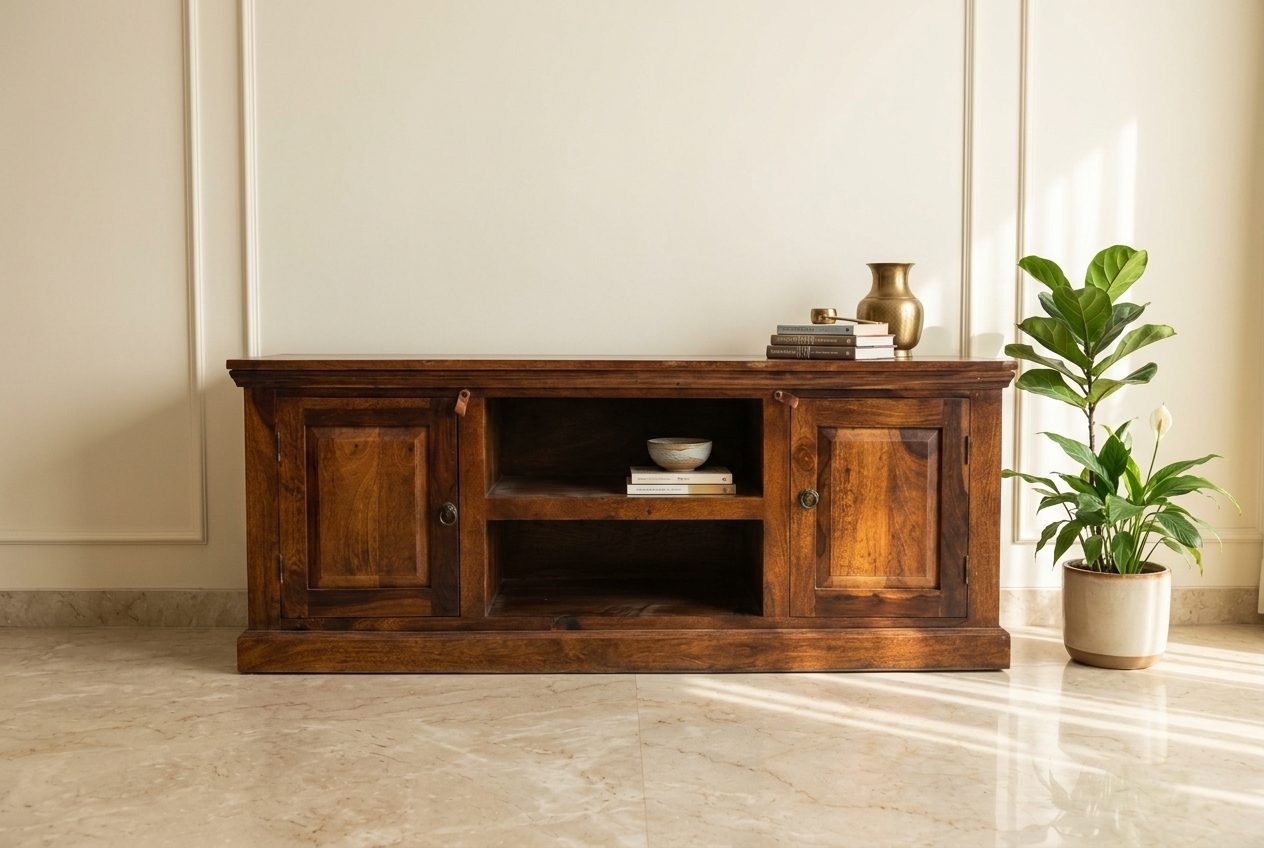 Console TV sheesham media unit in a styled room