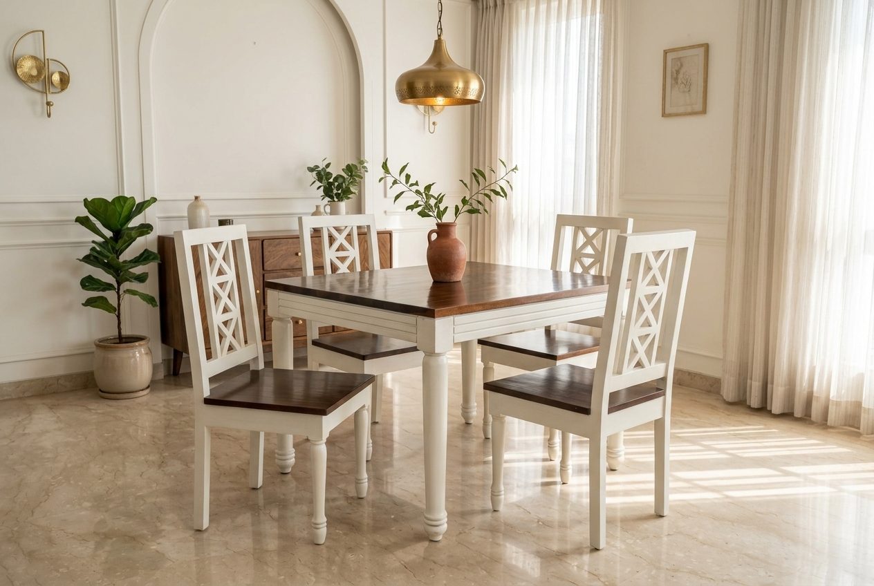 Cottage two-tone dining set in a styled room