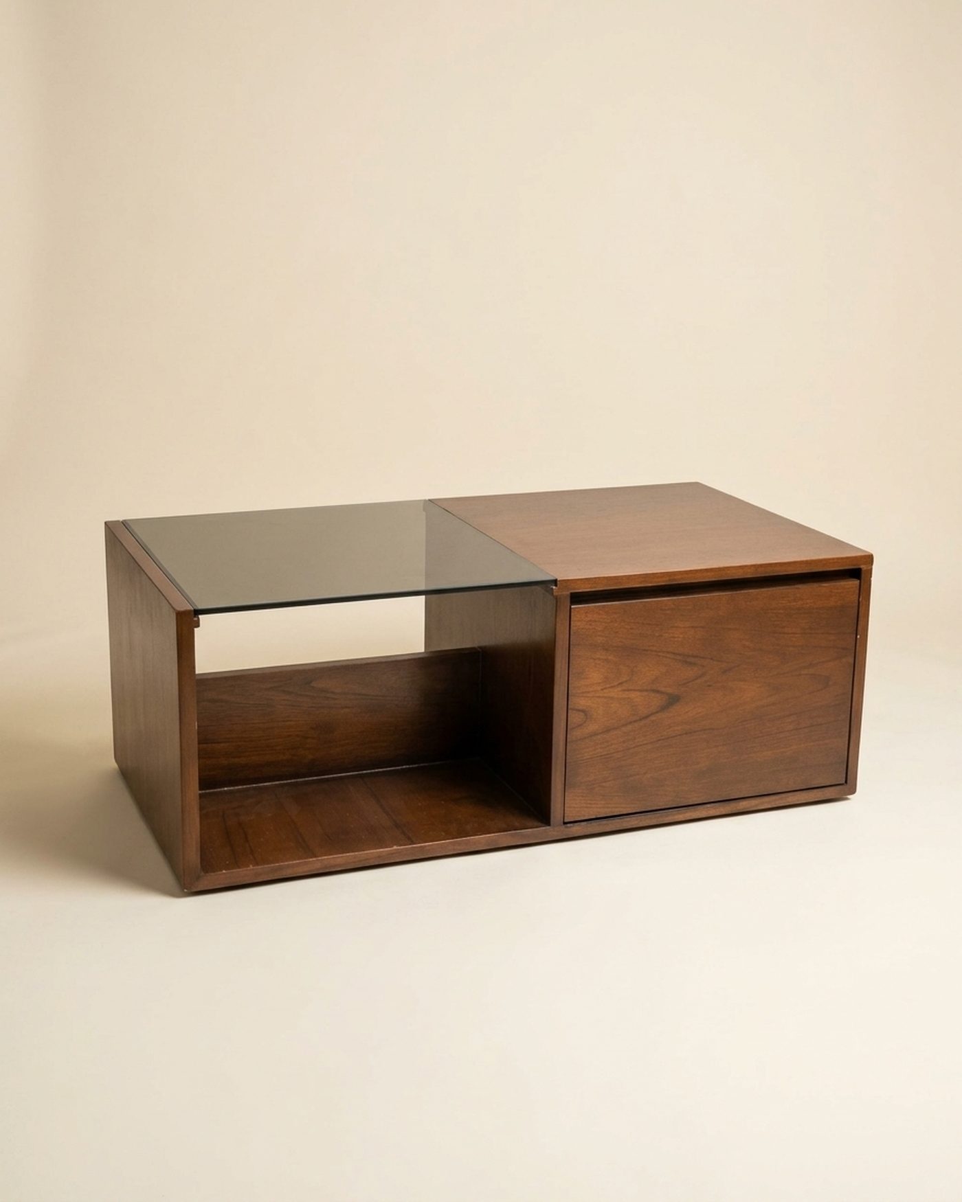 Cube glass and wood coffee table, studio photo