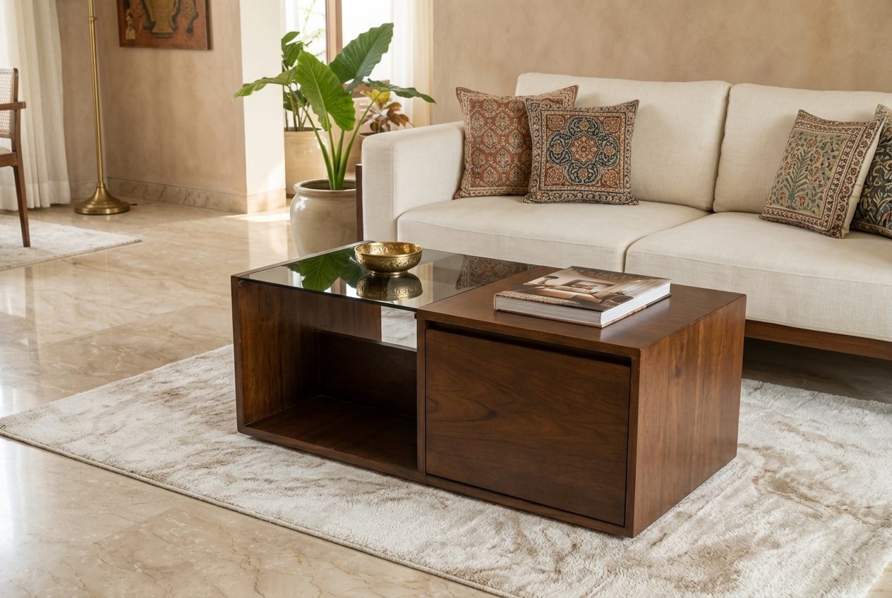 Cube glass and wood coffee table in a styled room