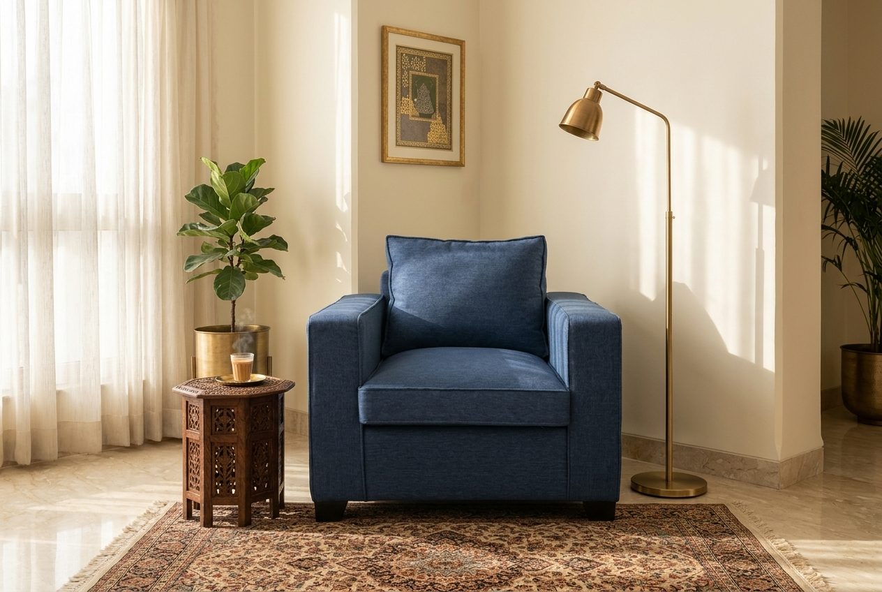 Denim armchair in a styled room