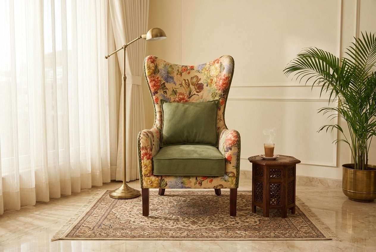Garden floral wingback in a styled room