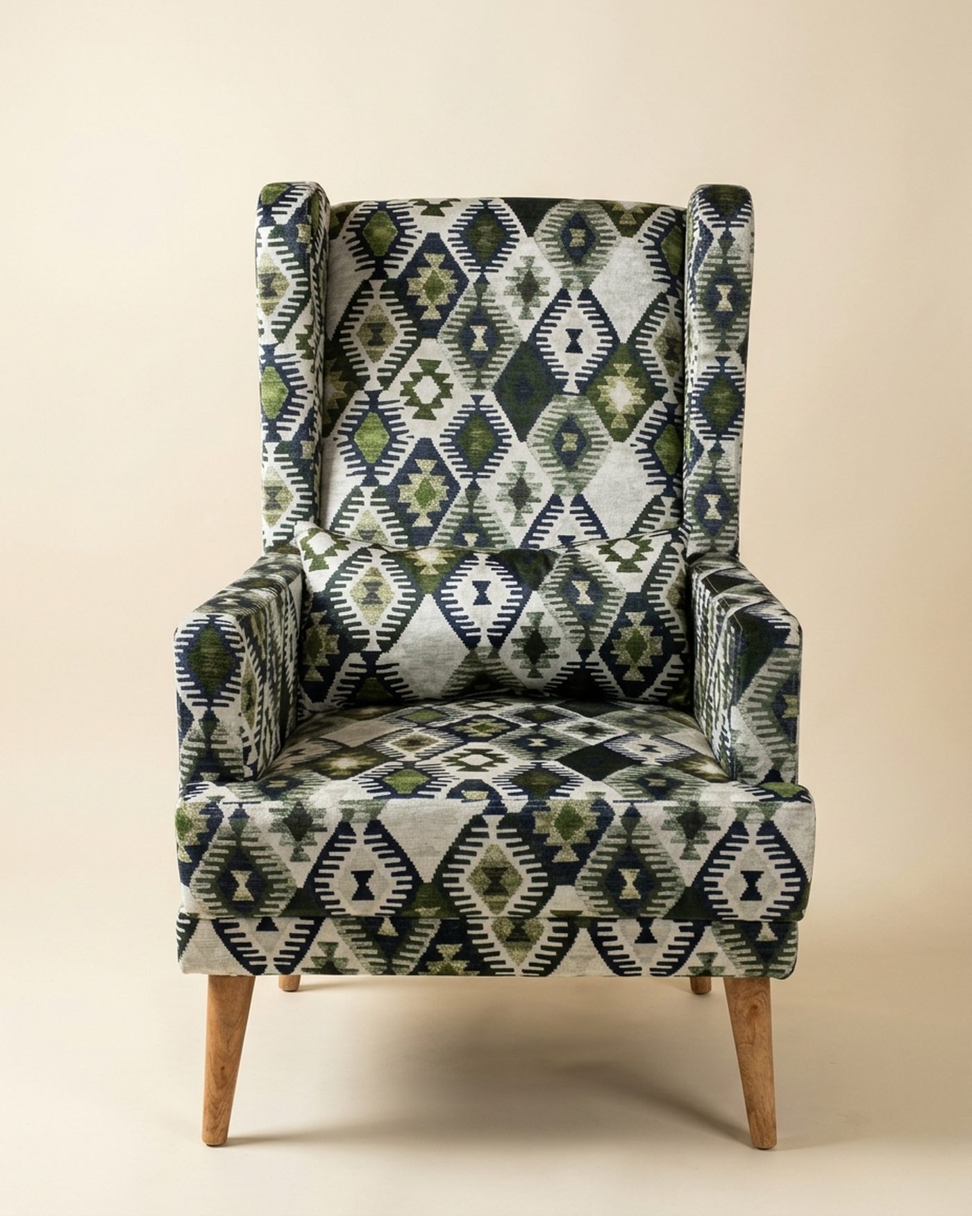 Ikat printed wingback, studio photo