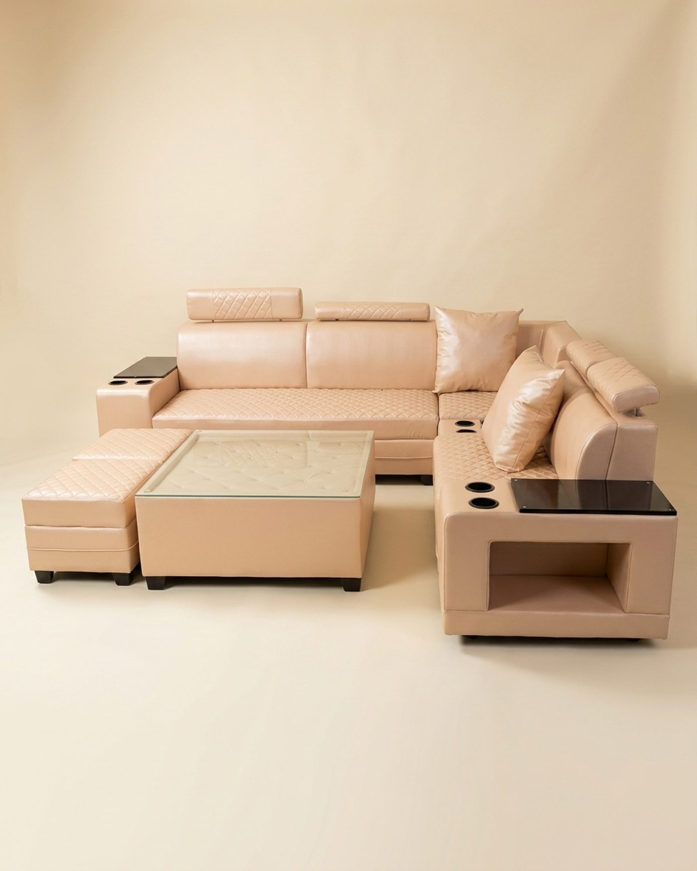 Lounge leather sectional with consoles, studio photo
