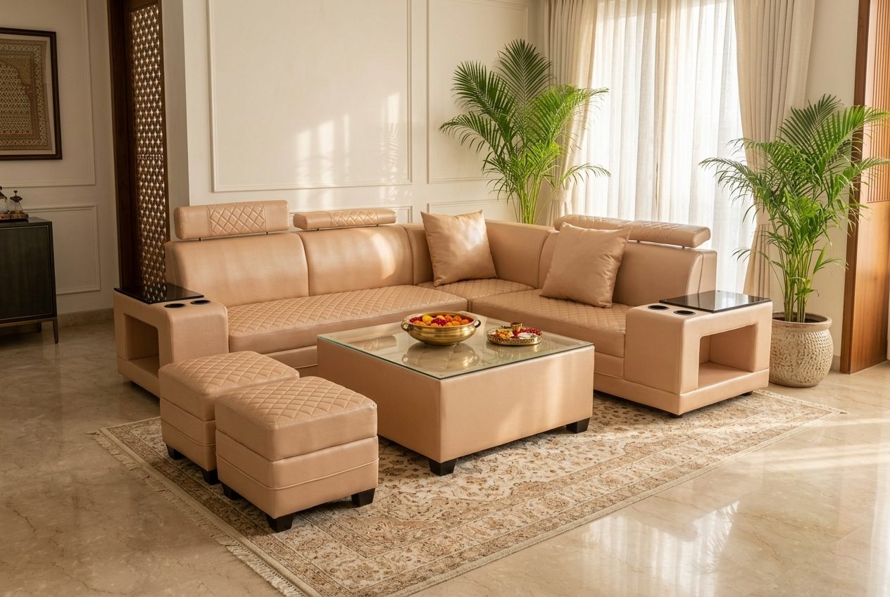 Lounge leather sectional with consoles in a styled room