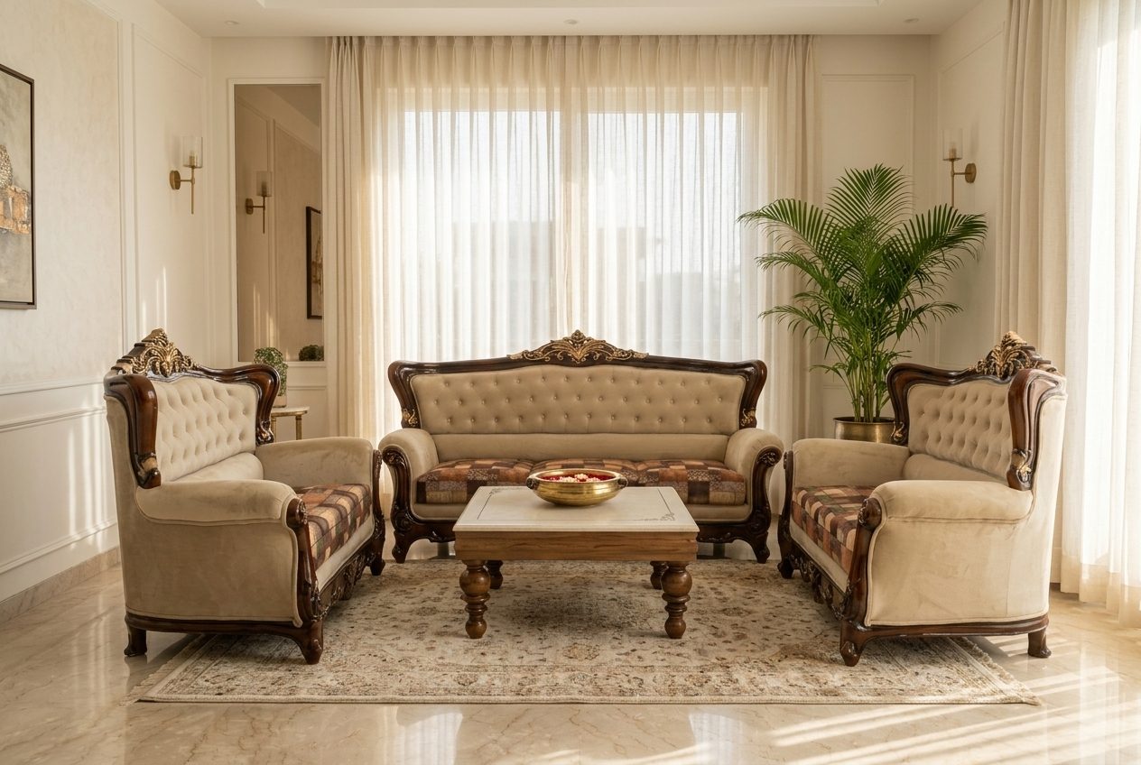 Maharaja carved sofa set in a styled room