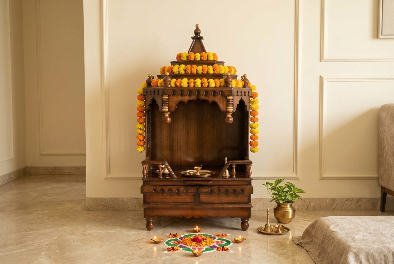 Mandap carved pooja unit in a styled room