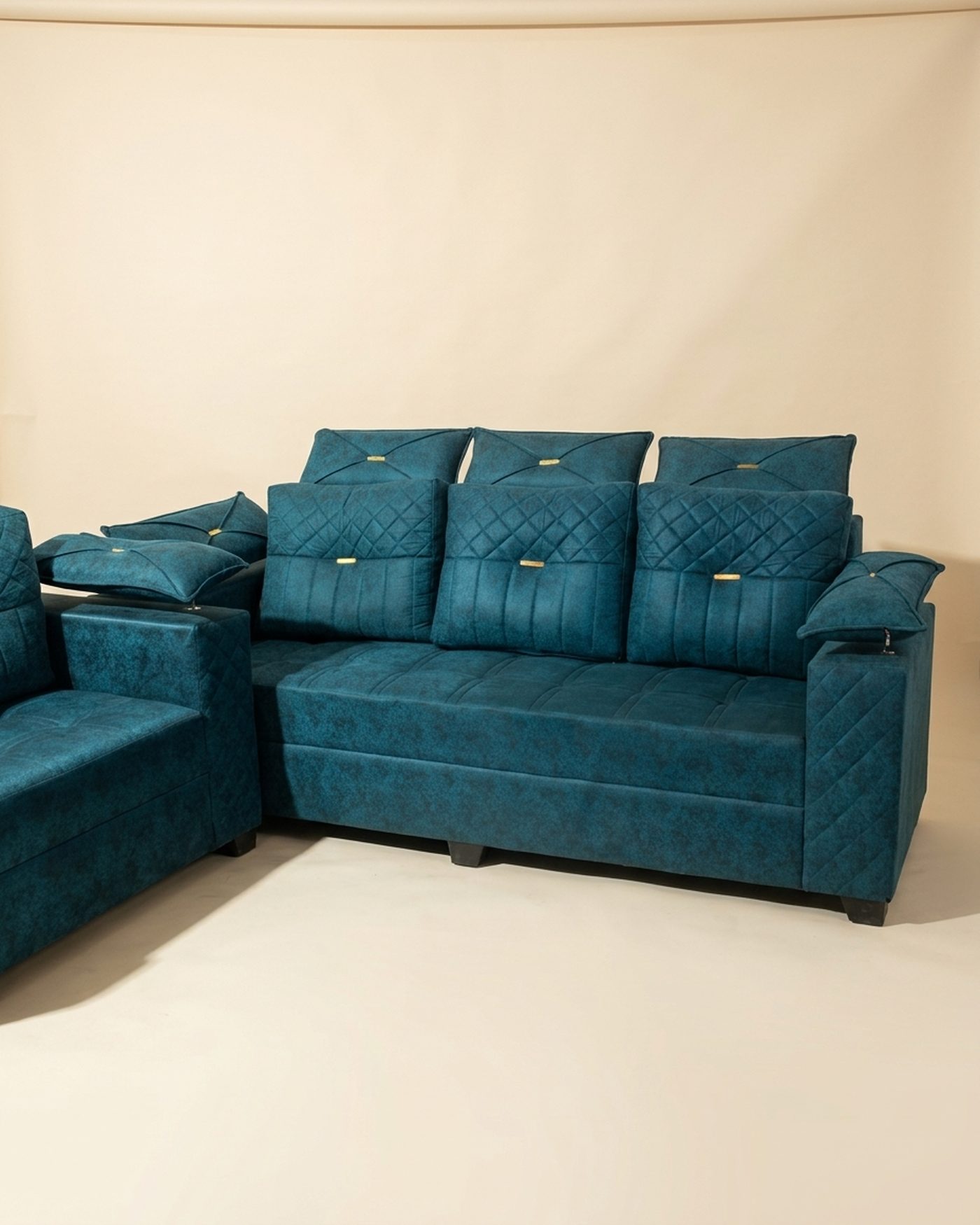 Marine quilted sofa, studio photo