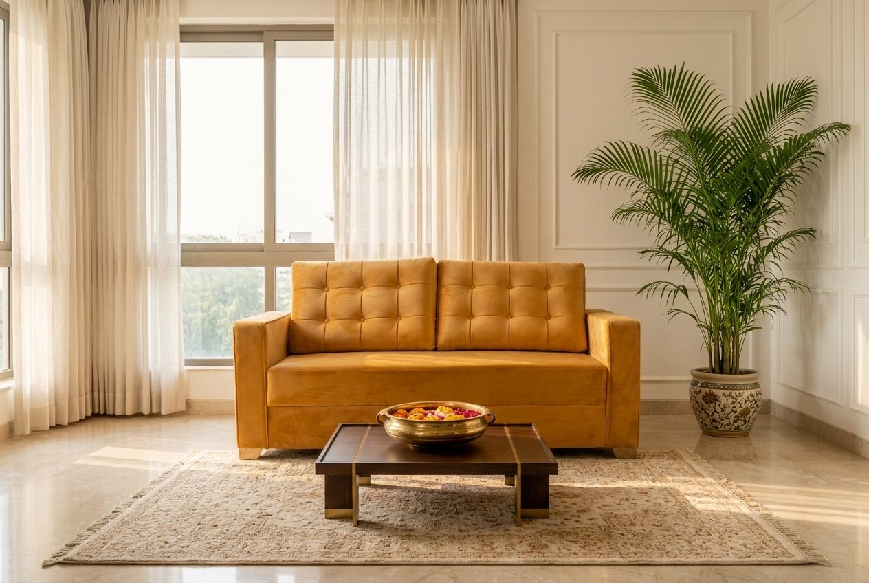 Mustard tufted sofa in a styled room