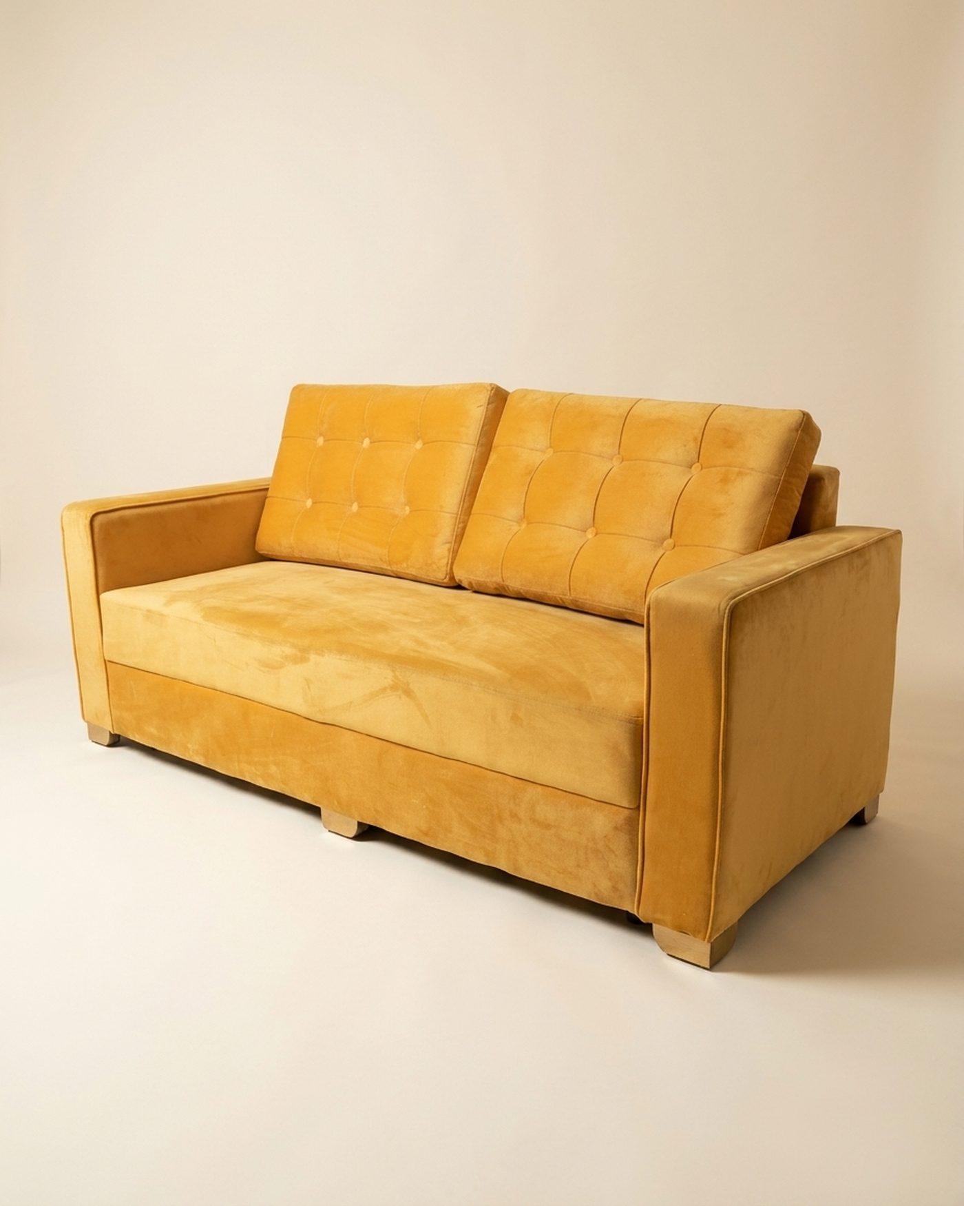 Mustard tufted sofa, view 2
