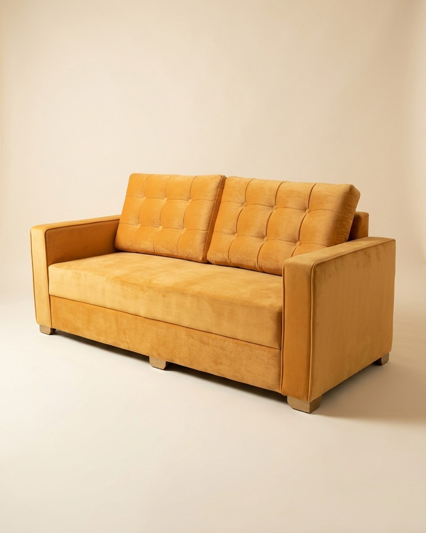 Mustard tufted sofa, view 3