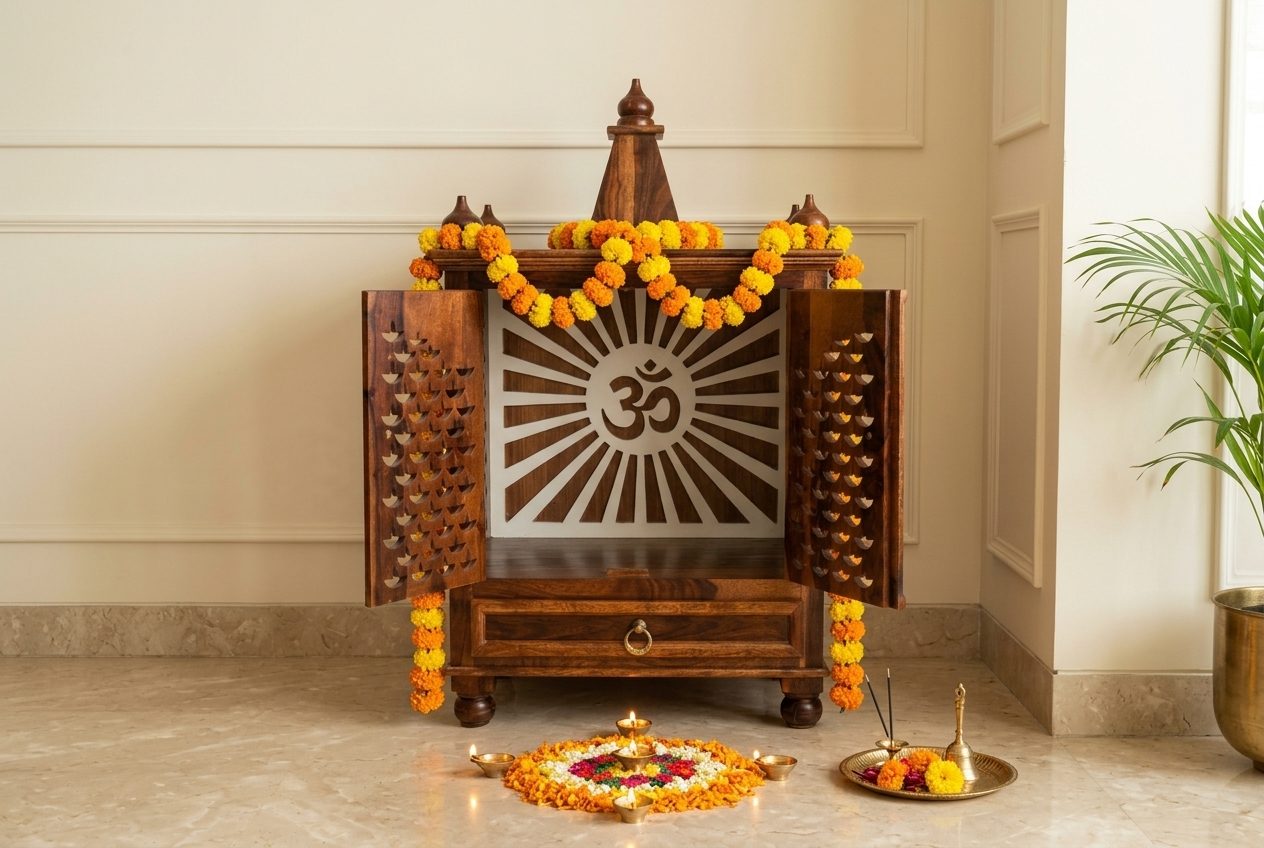 Om pooja unit with jaali doors in a styled room