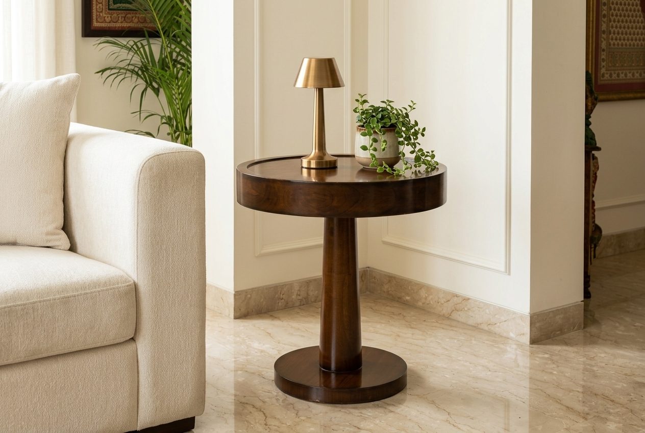 Pillar pedestal side table in a styled room