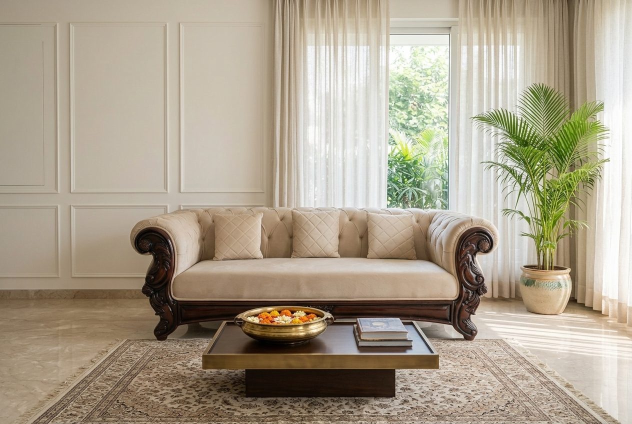 Regal carved three-seater in a styled room