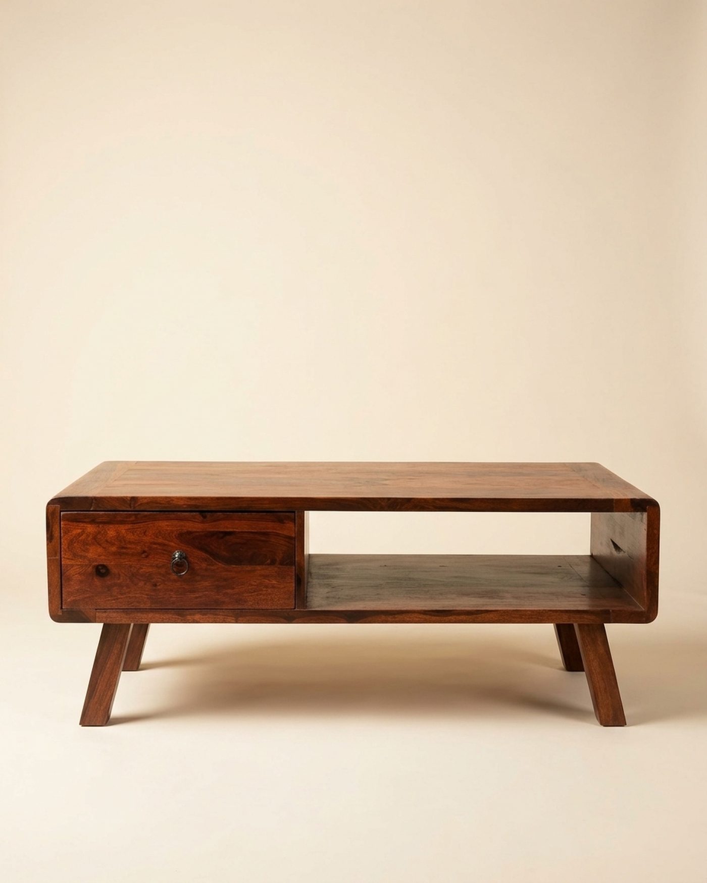 Retro coffee table with drawer, studio photo