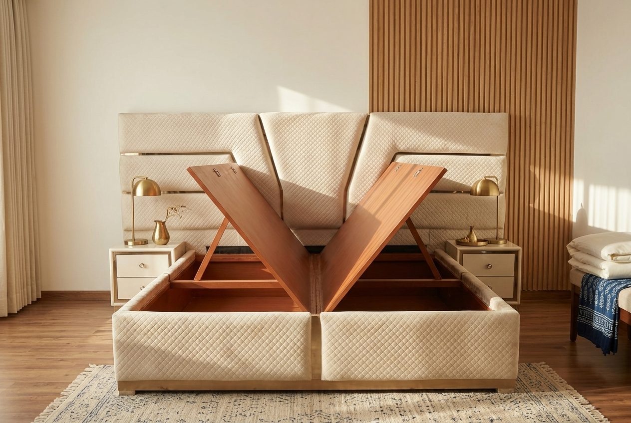 Sand hydraulic storage bed in a styled room