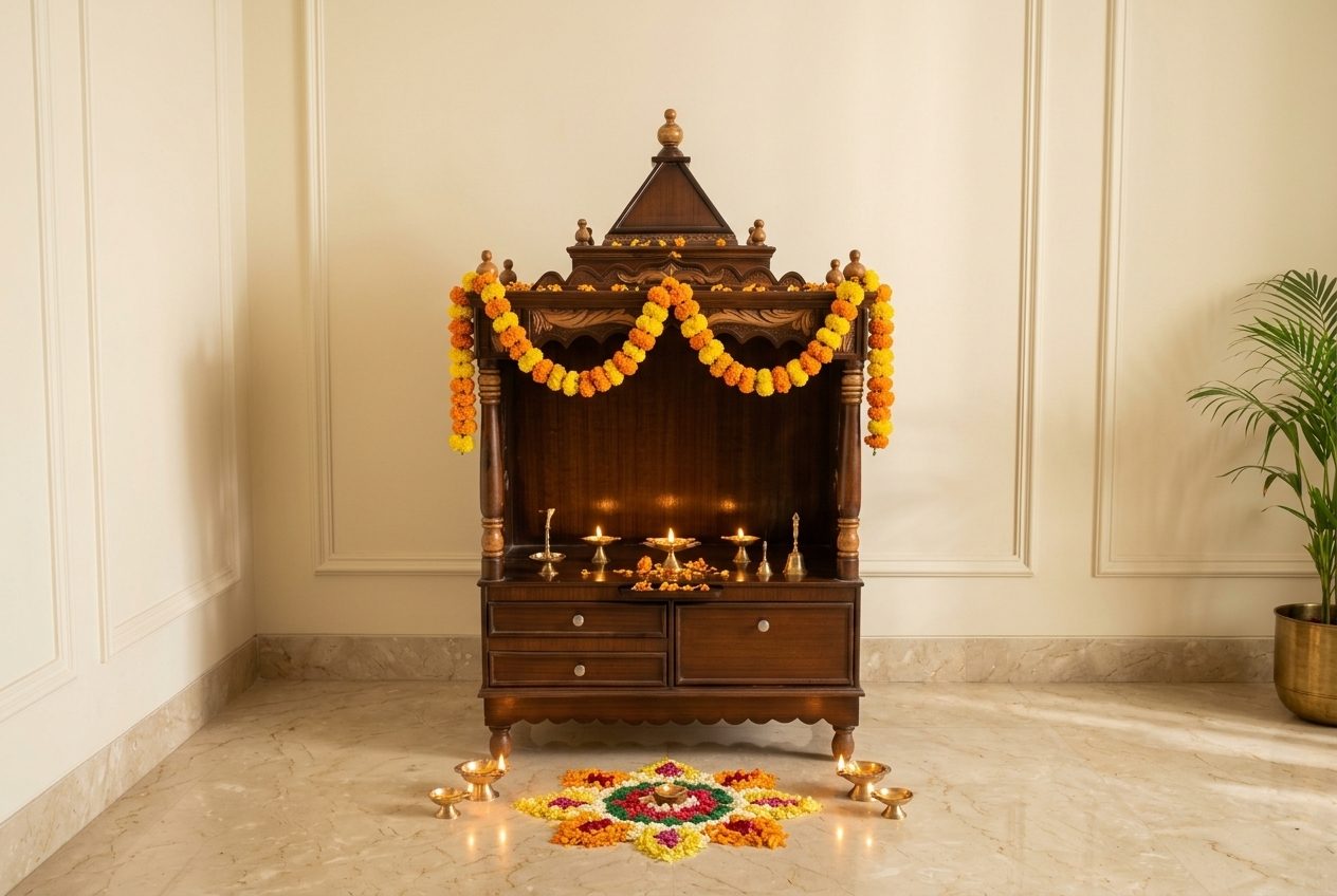 Shikhar carved pooja unit in a styled room