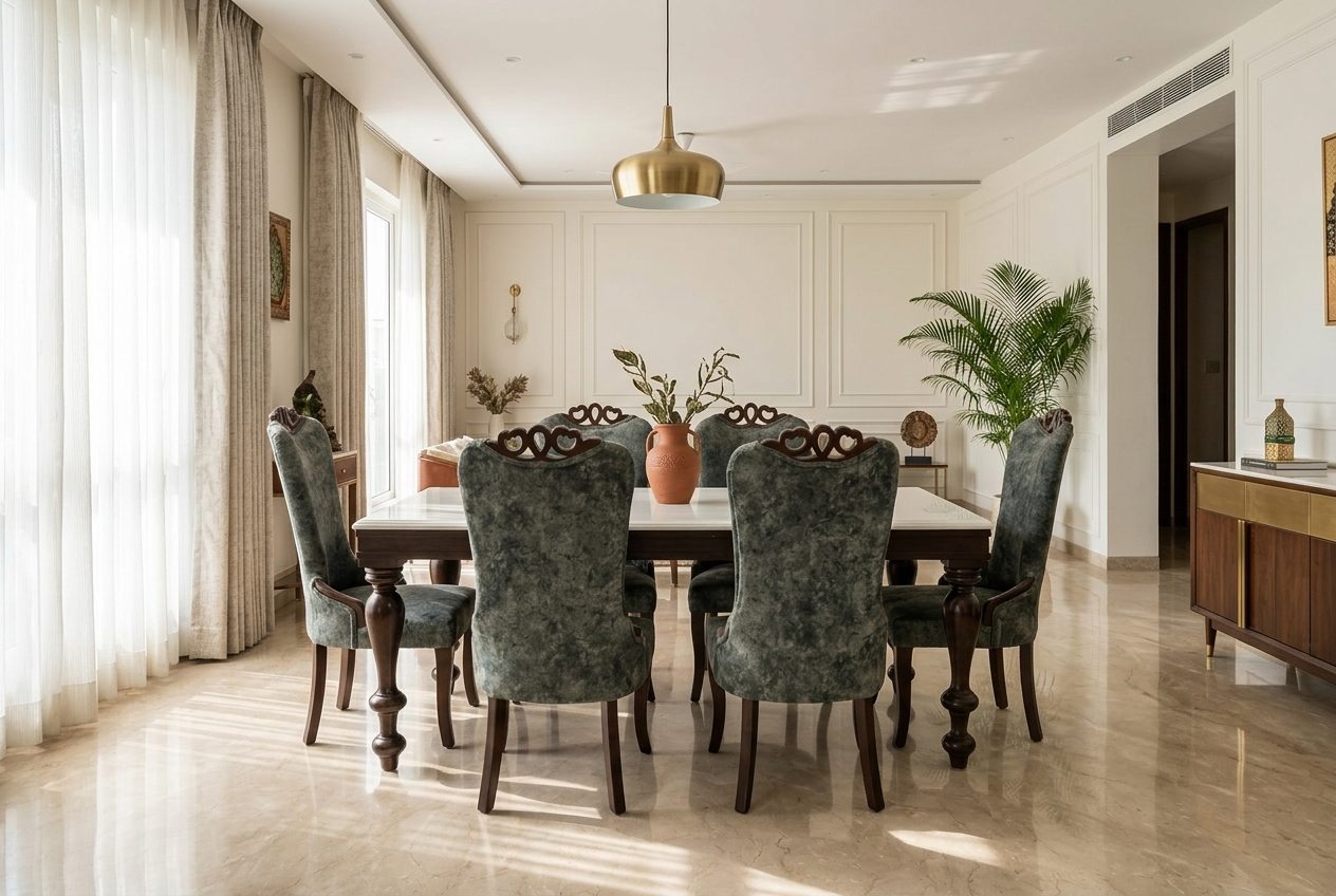 Silver dining set with carved chairs in a styled room
