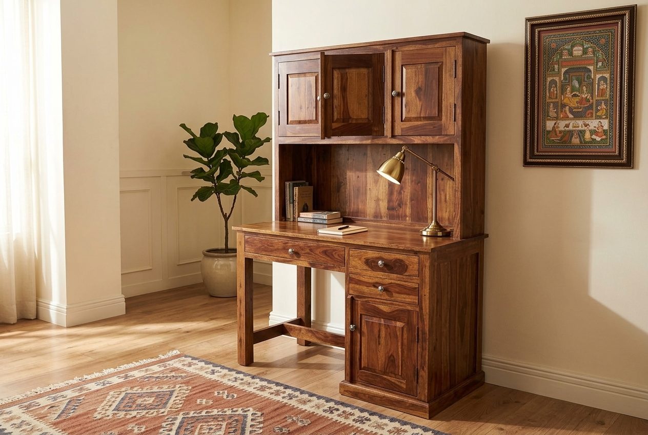 Study desk and bookcase in a styled room