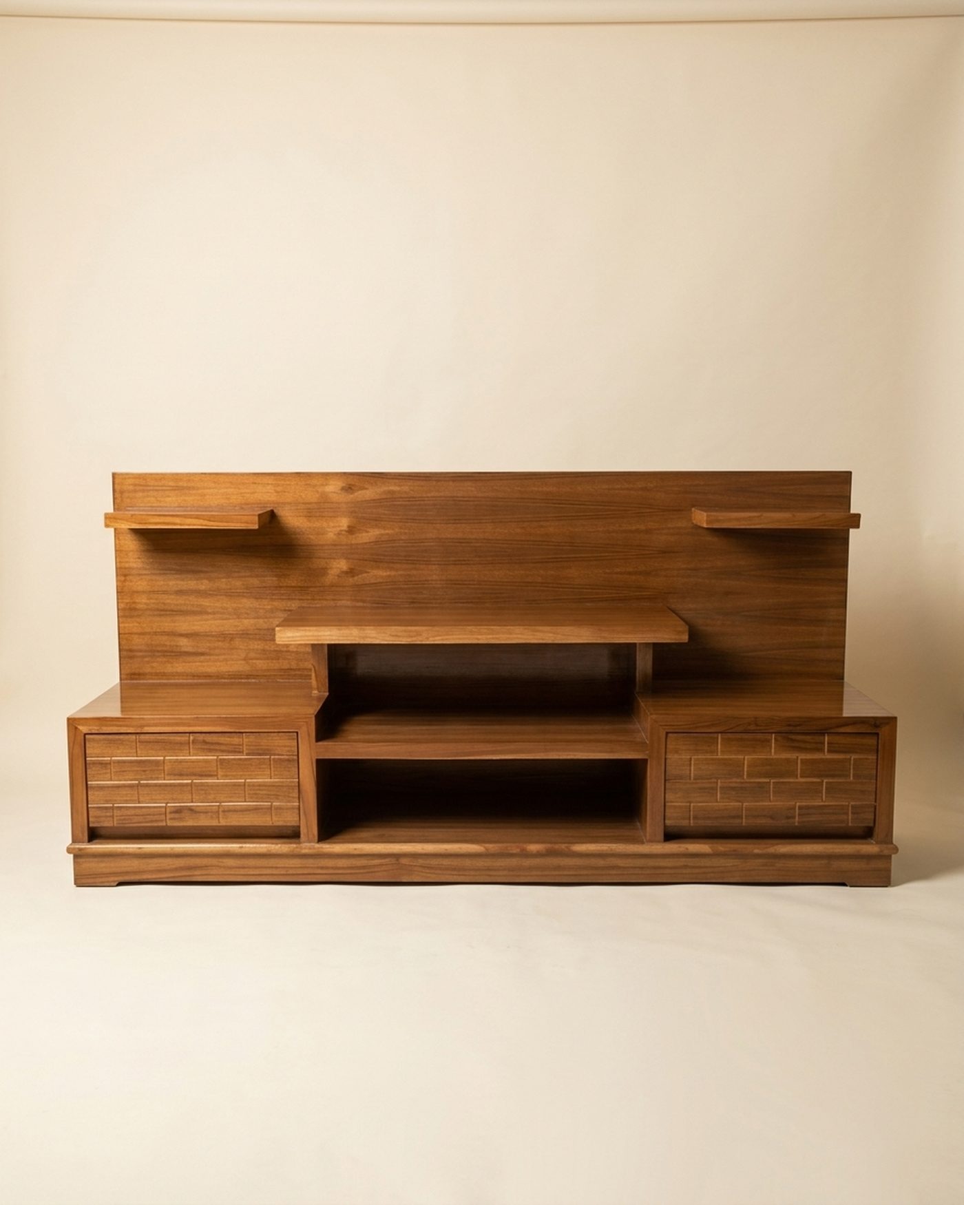 Teak media wall unit, studio photo