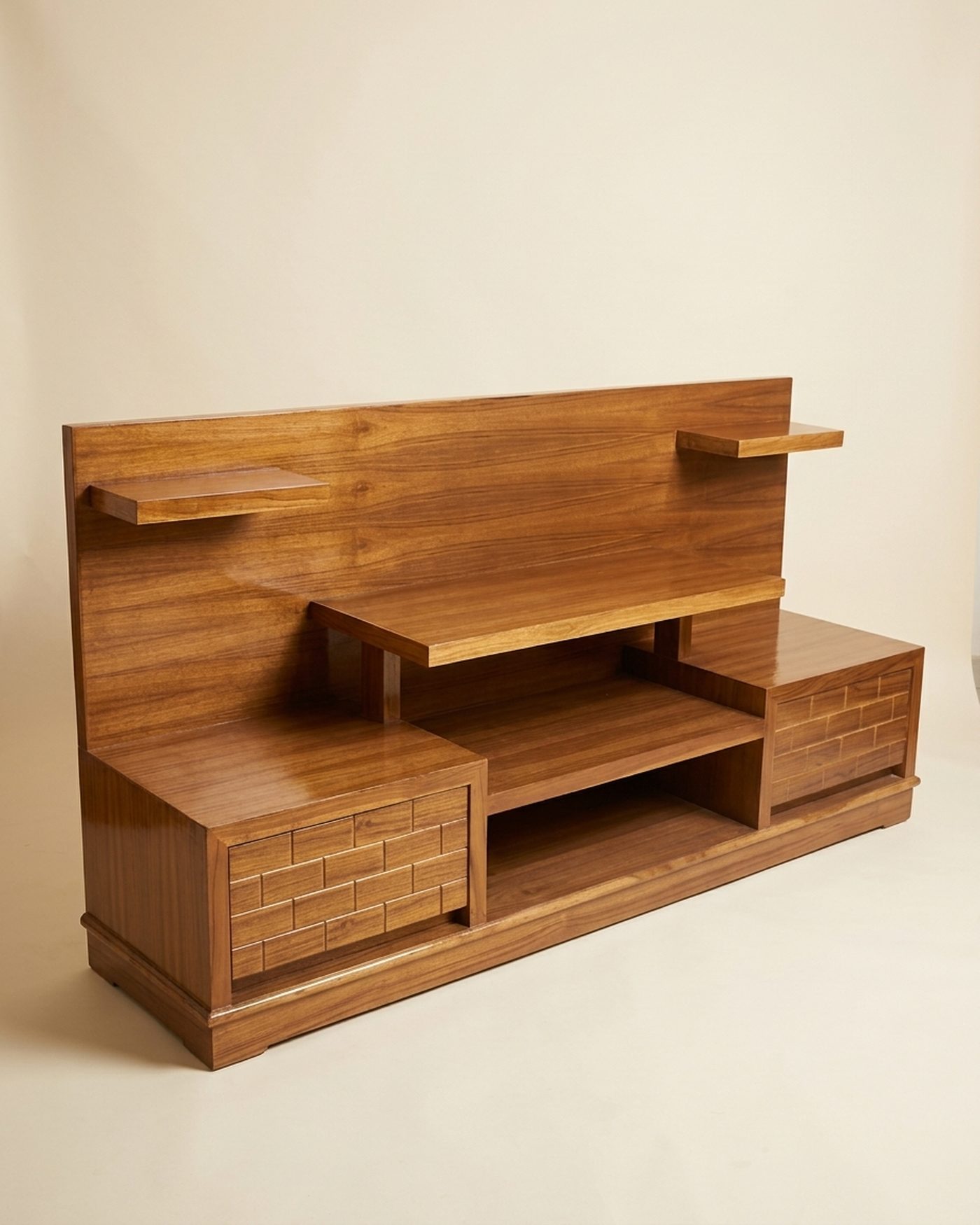 Teak media wall unit, view 2