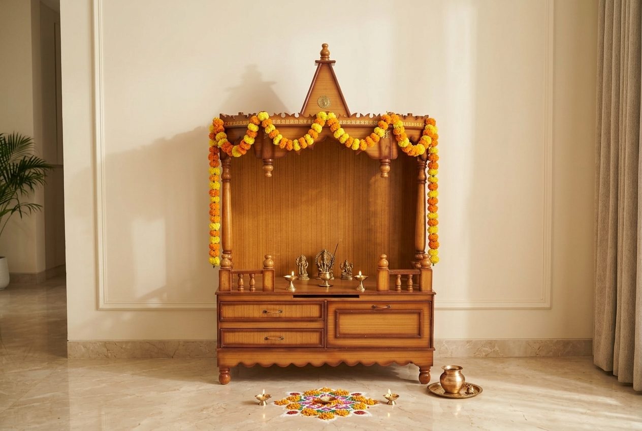 Teakwood pooja unit in a styled room