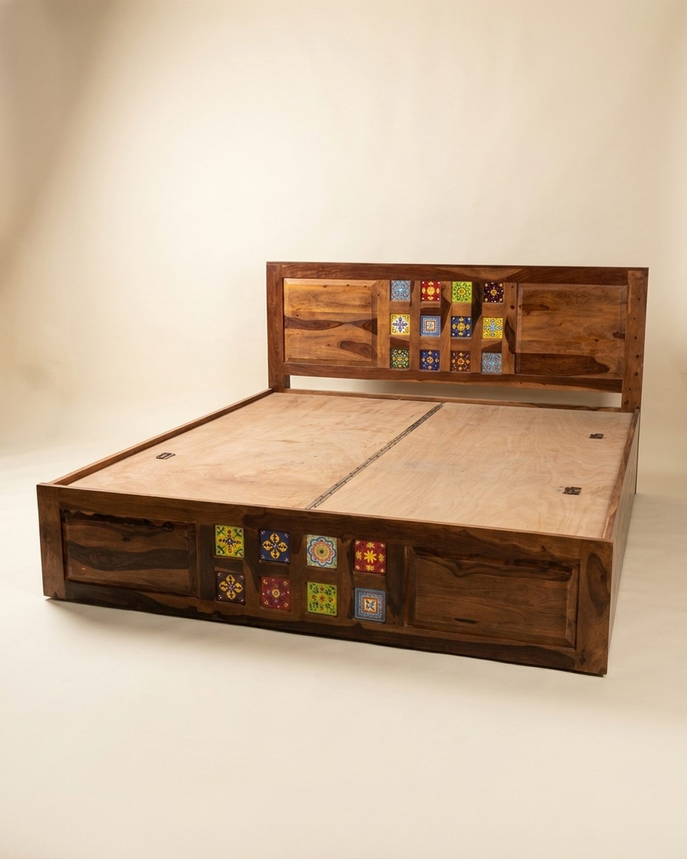 Tile Bed tile-inlay storage bed, studio photo