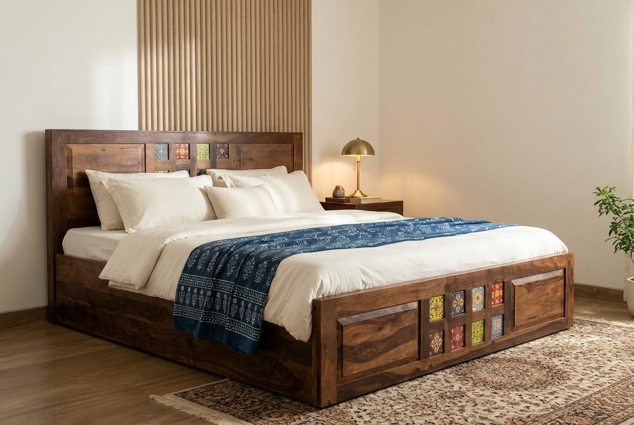 Tile Bed tile-inlay storage bed in a styled room