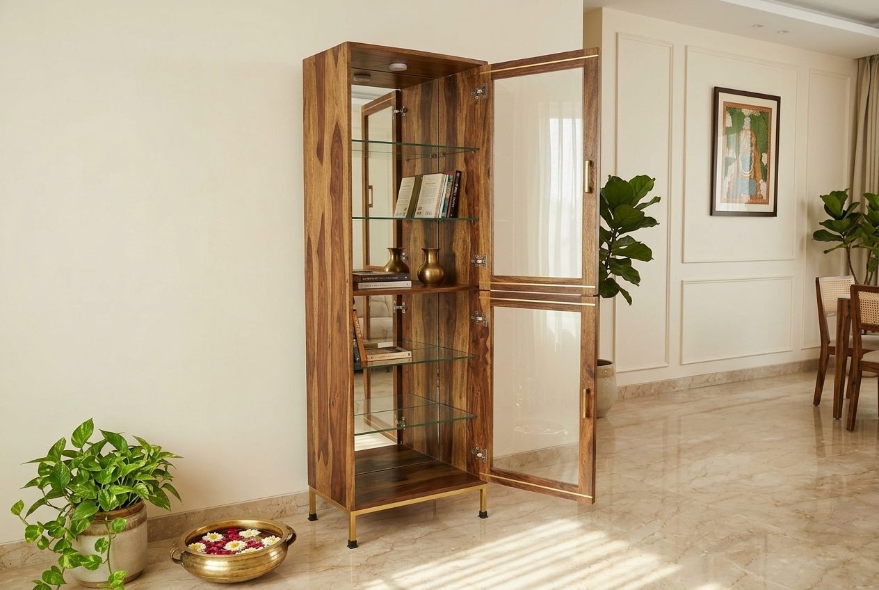 Tower glass display cabinet in a styled room