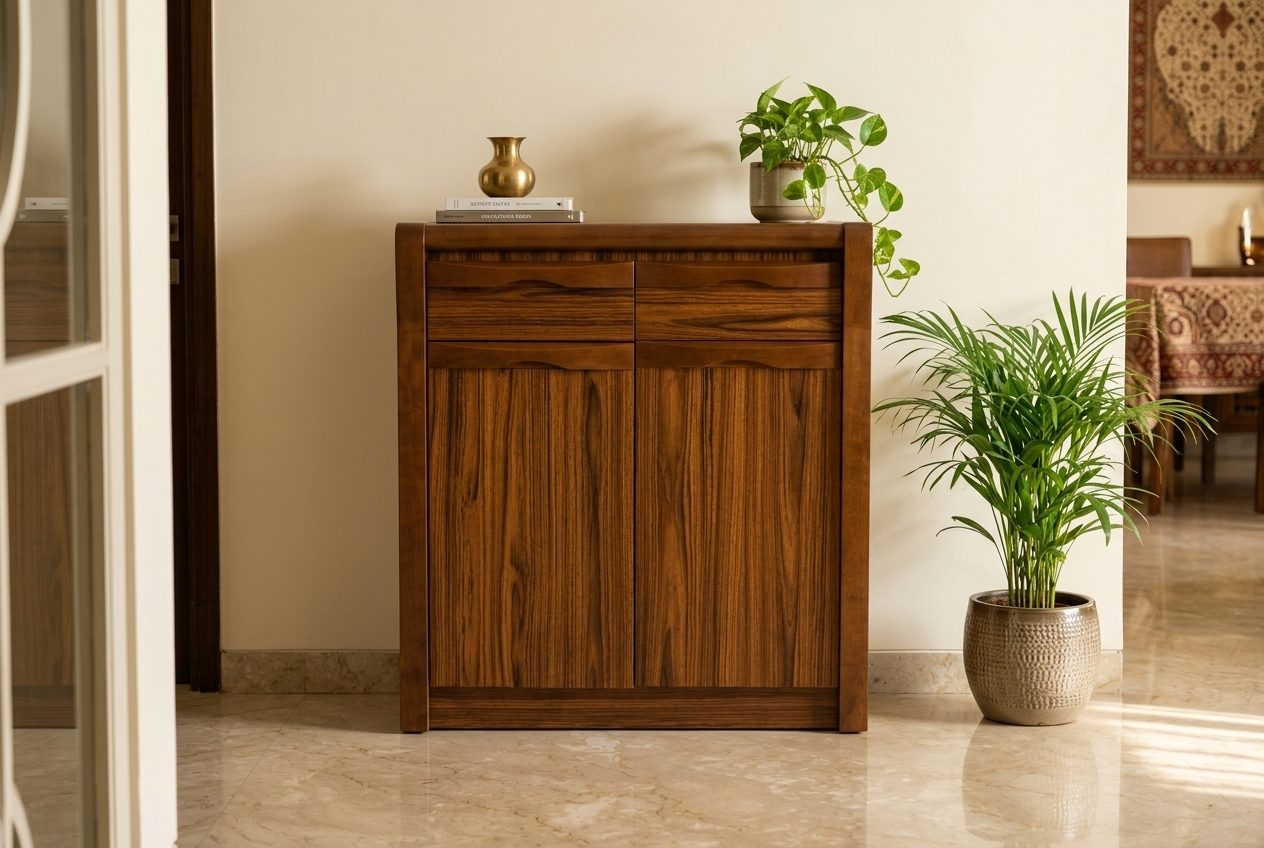 Walnut shoe cabinet in a styled room