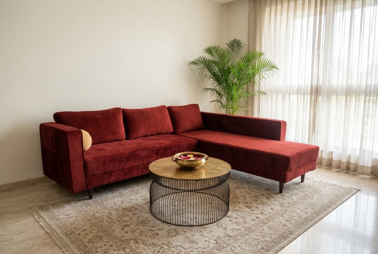 Rouge l-shaped sofa in a styled room