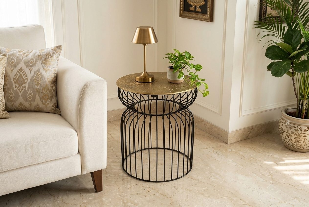 Cage wire side table in a styled room