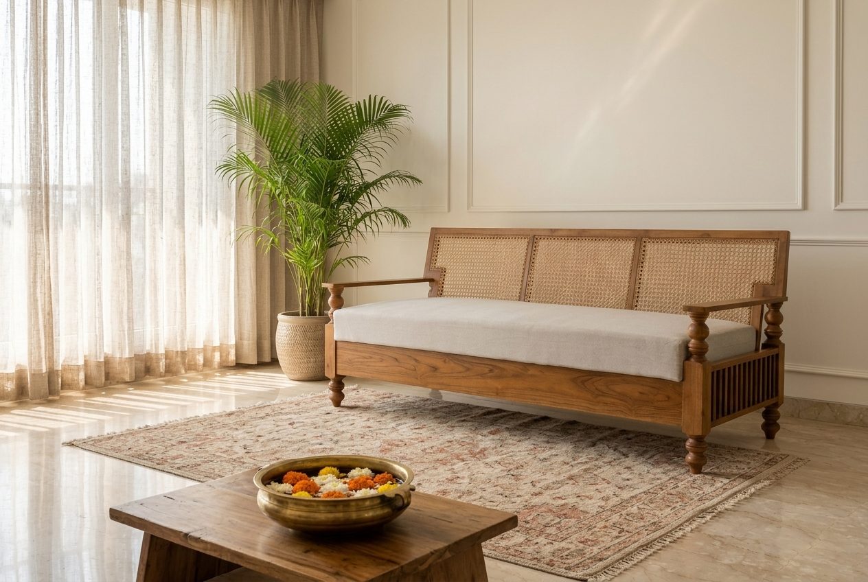 Cane cane-back day sofa in a styled room