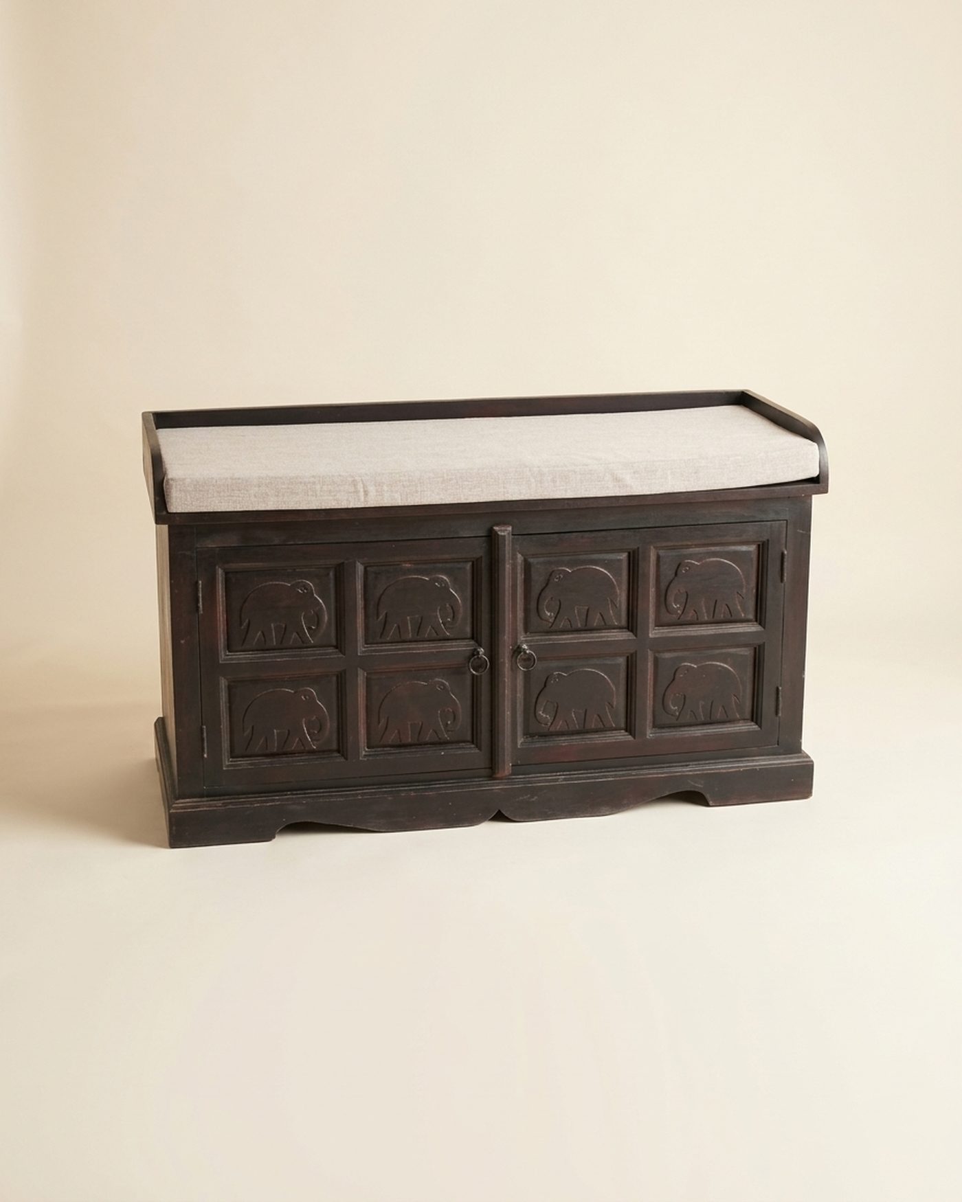 Chest carved storage bench, studio photo