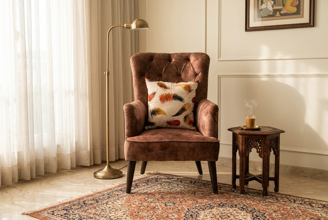 Cinder wingback chair in a styled room