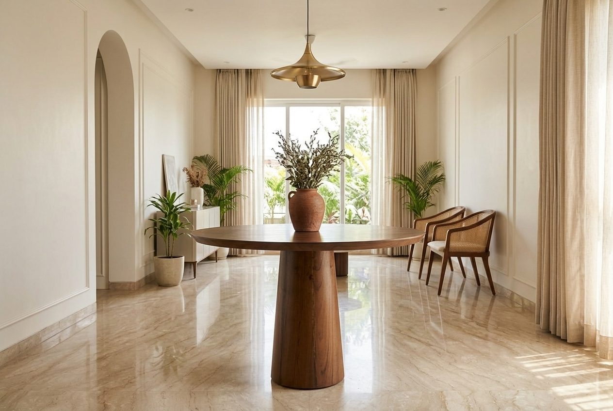Column pedestal dining table in a styled room