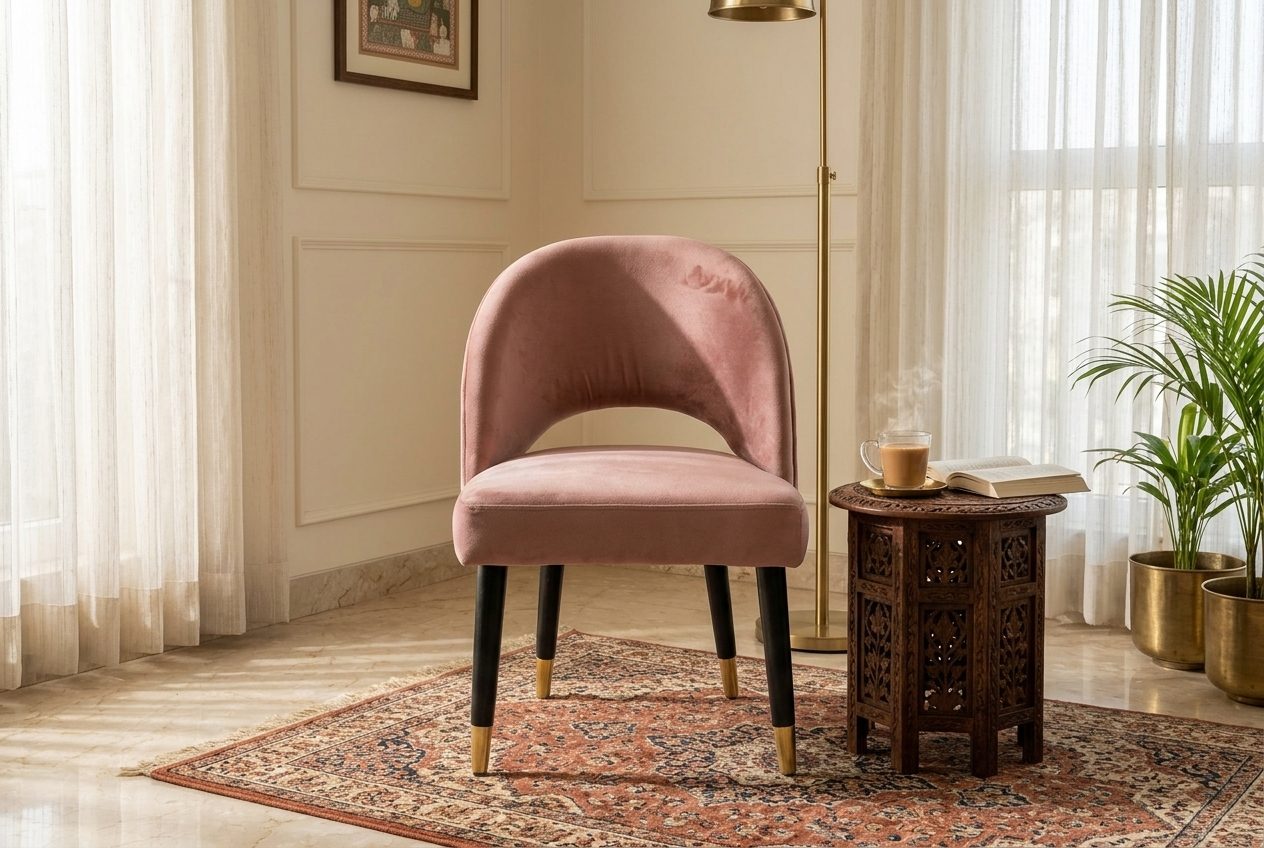 Coral velvet chair in a styled room