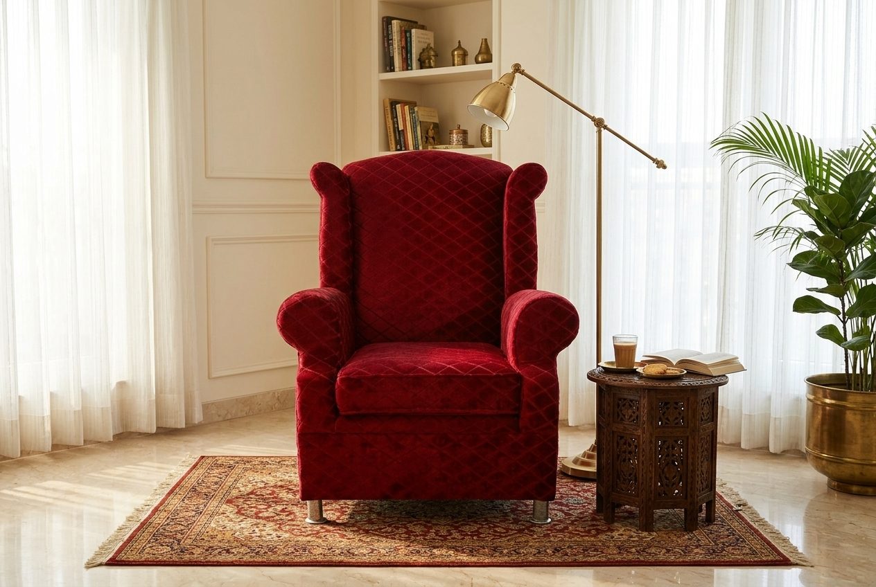 Crimson wingback chair in a styled room