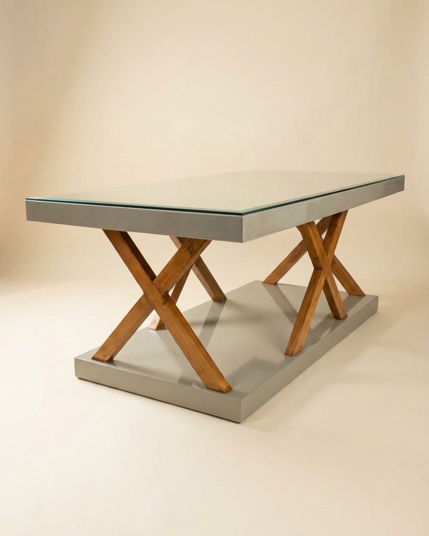 Cross glass-top dining table, studio photo