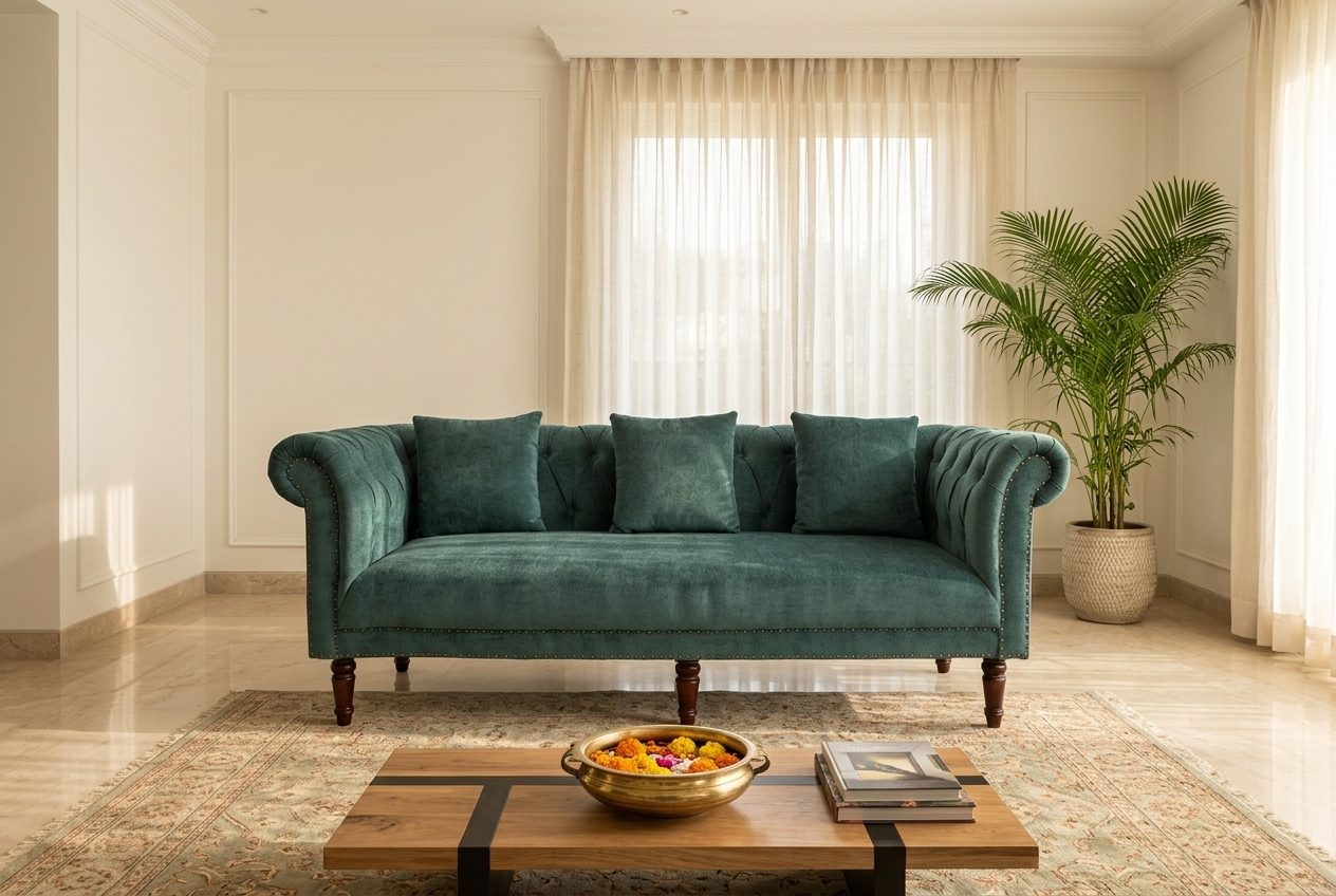 Emerald chesterfield sofa in a styled room