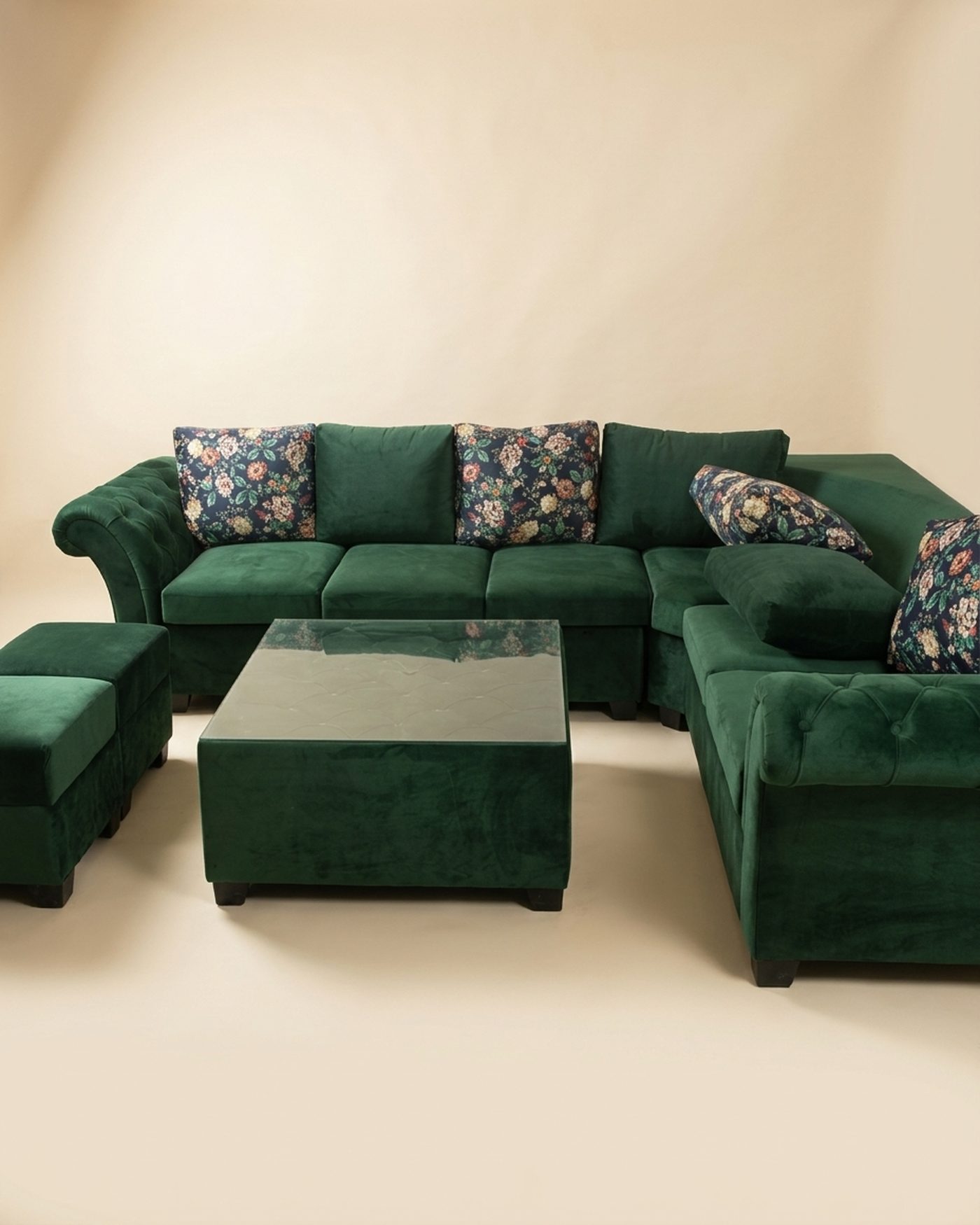 Forest velvet sectional with ottomans, studio photo