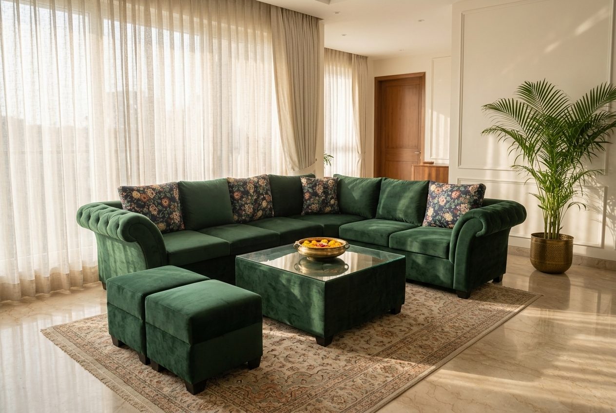 Forest velvet sectional with ottomans in a styled room
