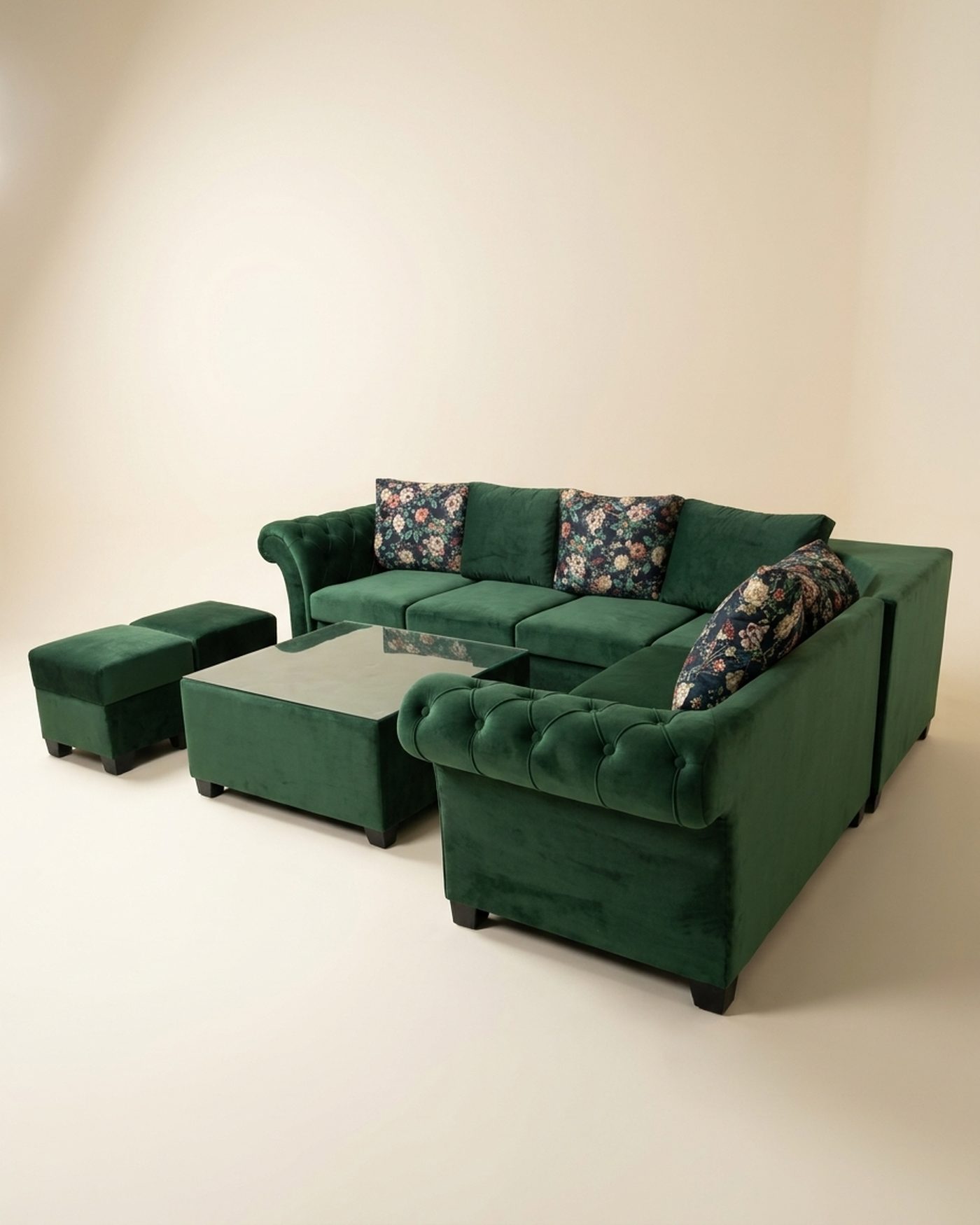 Forest velvet sectional with ottomans, view 2